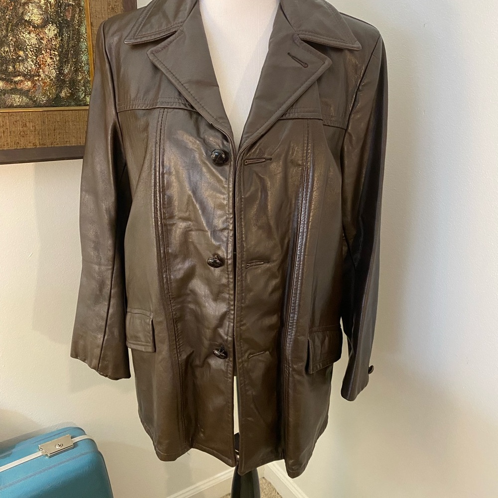 Vintage, Chocolate Brown Leather Coat w/ Notched Lapel & Removable Liner, Sz 38